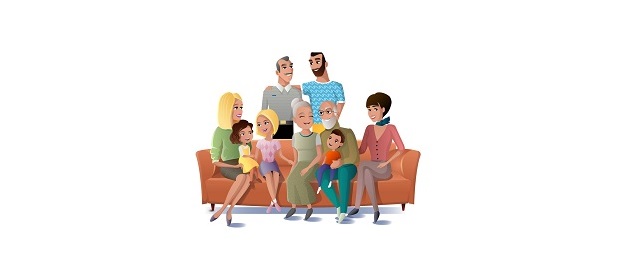 Happy Senior Couple Sitting on Sofa, Gathering Together with Their Adult Children and Grandchildren at Home Cartoon Vector Illustration Isolated on White Background. Three Generation of United Family