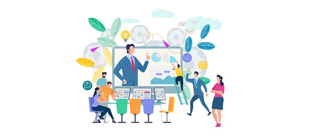 Online Training, Workshops and Courses Visualization. Small People Look at Huge Monitor Screen with Speaking Teacher. Using Smart Technology, Internet and Gadgets. Cartoon Flat Vector Illustration.