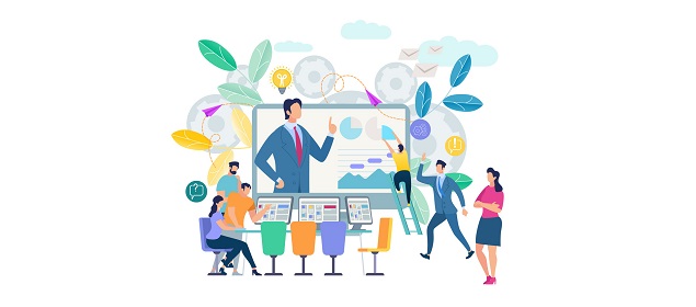 Online Training Workshop and Courses Visualization Online Training, Workshops and Courses Visualization. Small People Look at Huge Monitor Screen with Speaking Teacher. Using Smart Technology, Internet and Gadgets. Cartoon Flat Vector Illustration.